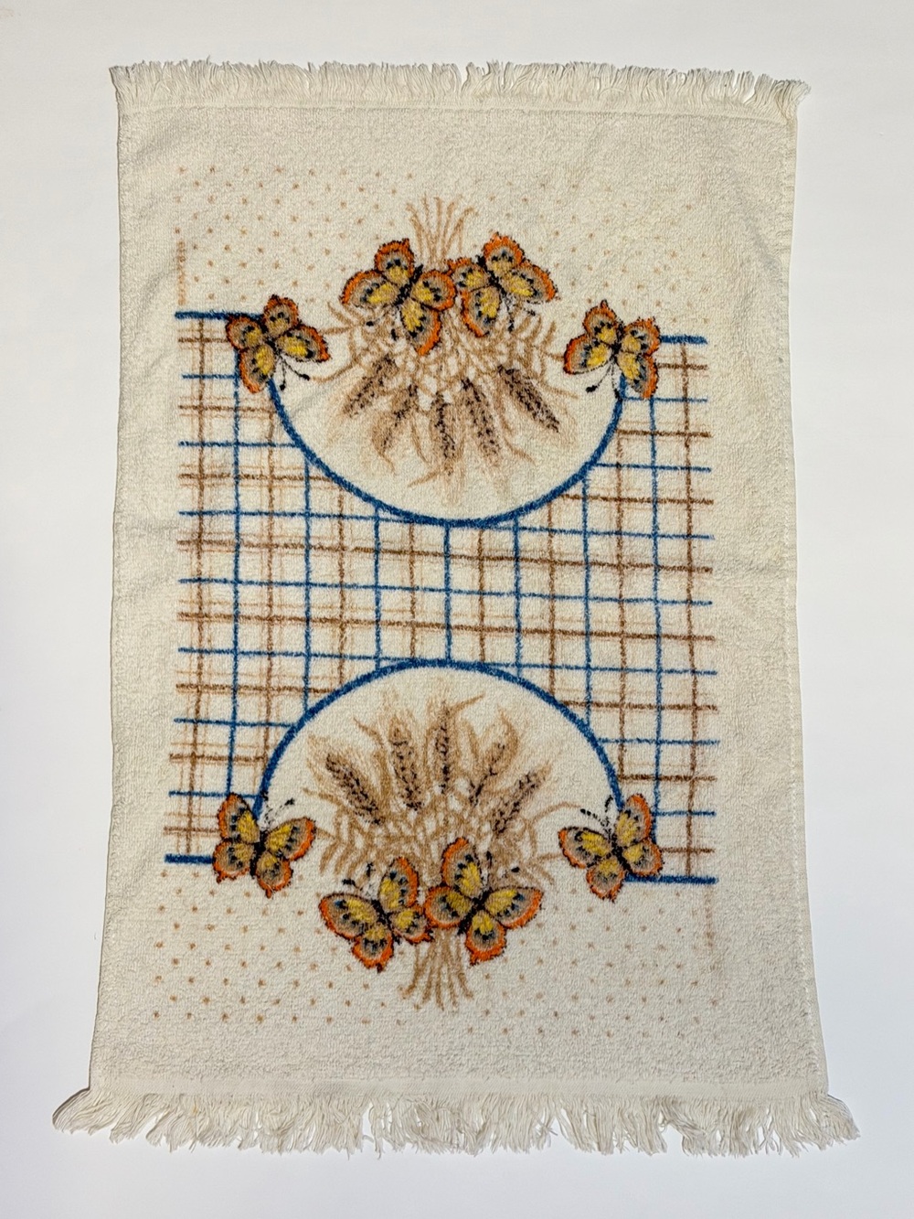 Vintage 1970s Cannon kitchen hand towel with plaid, butterfly and wheat stalk